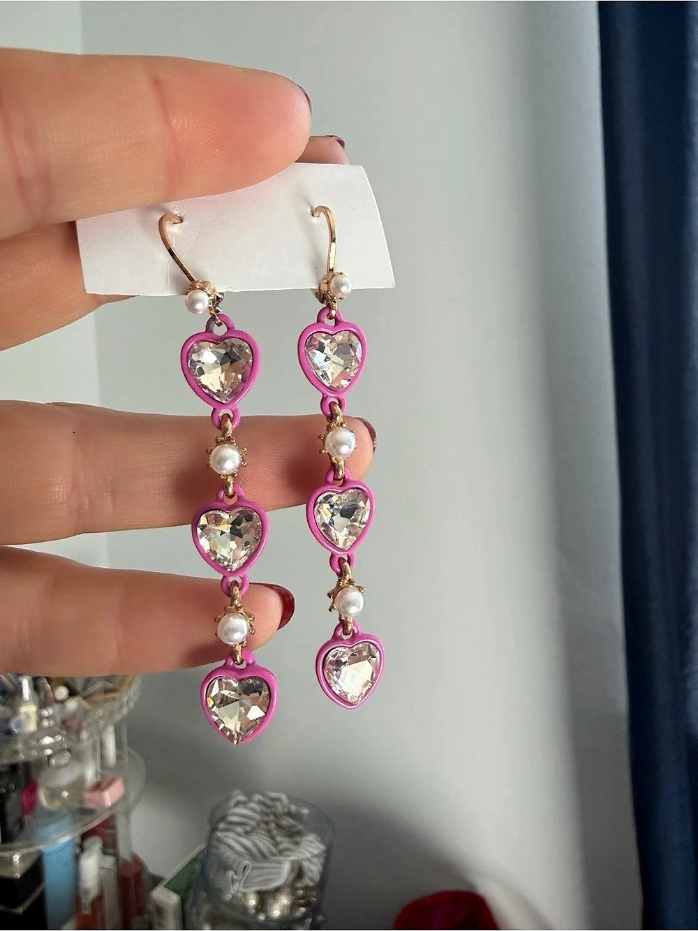 Betsey Johnson Triple Crystal Pink Dangle Heart Drop Earrings Pink Heart Drop